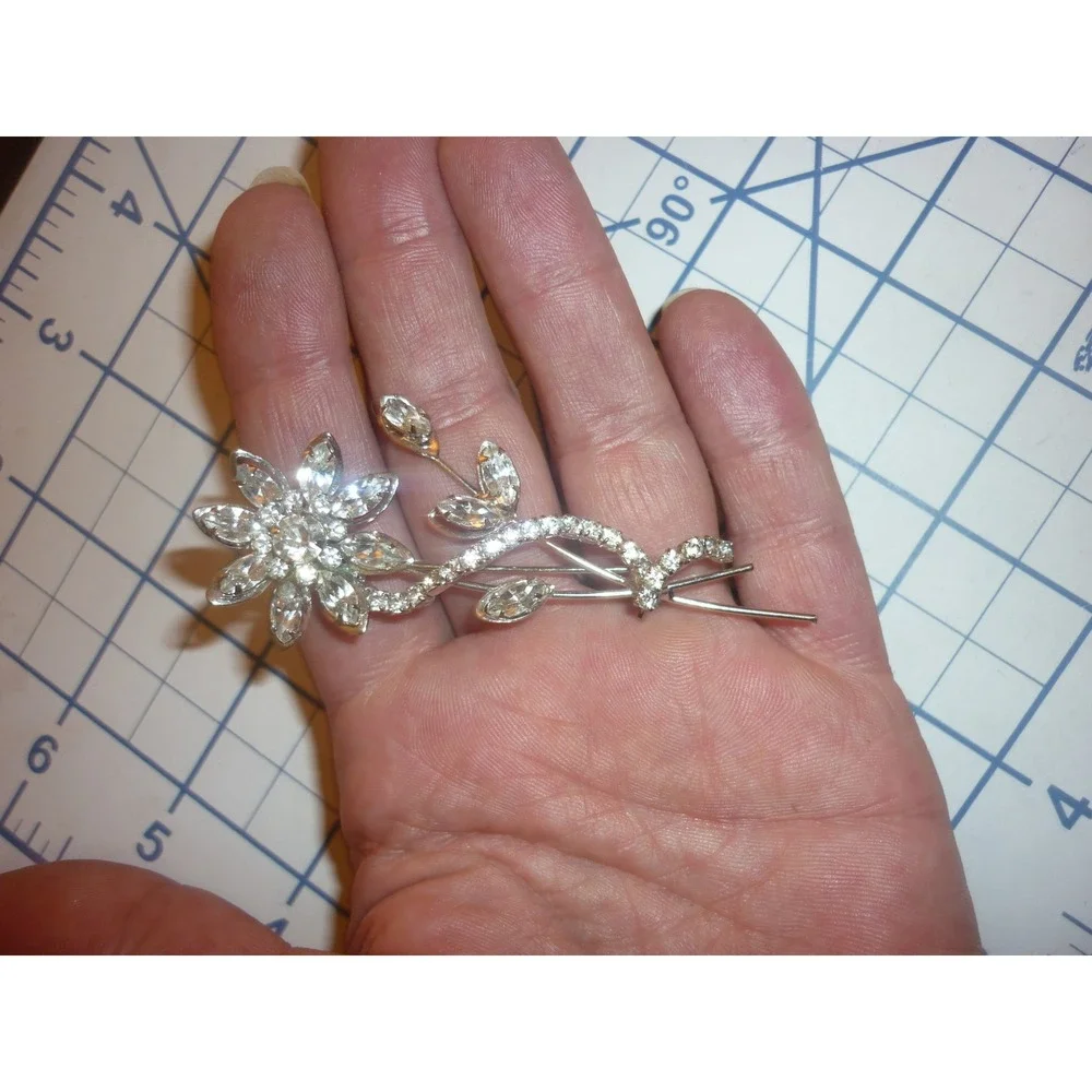 Vintage Clear Rhinestone Flower Spray Brooch Silver Tone Marquise Floral Pin